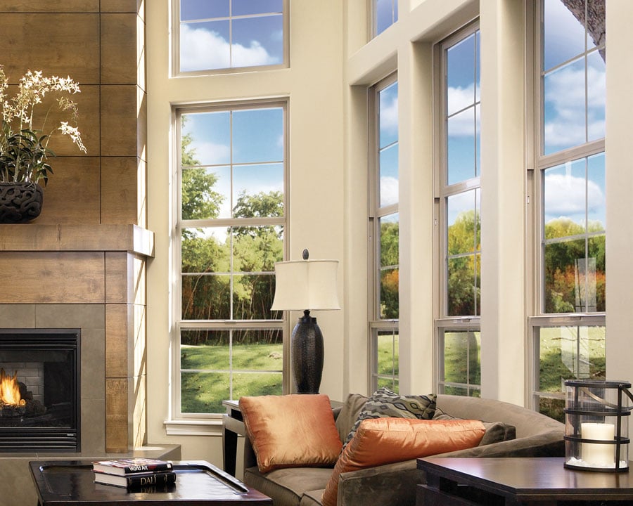 Large vinyl windows in a living room