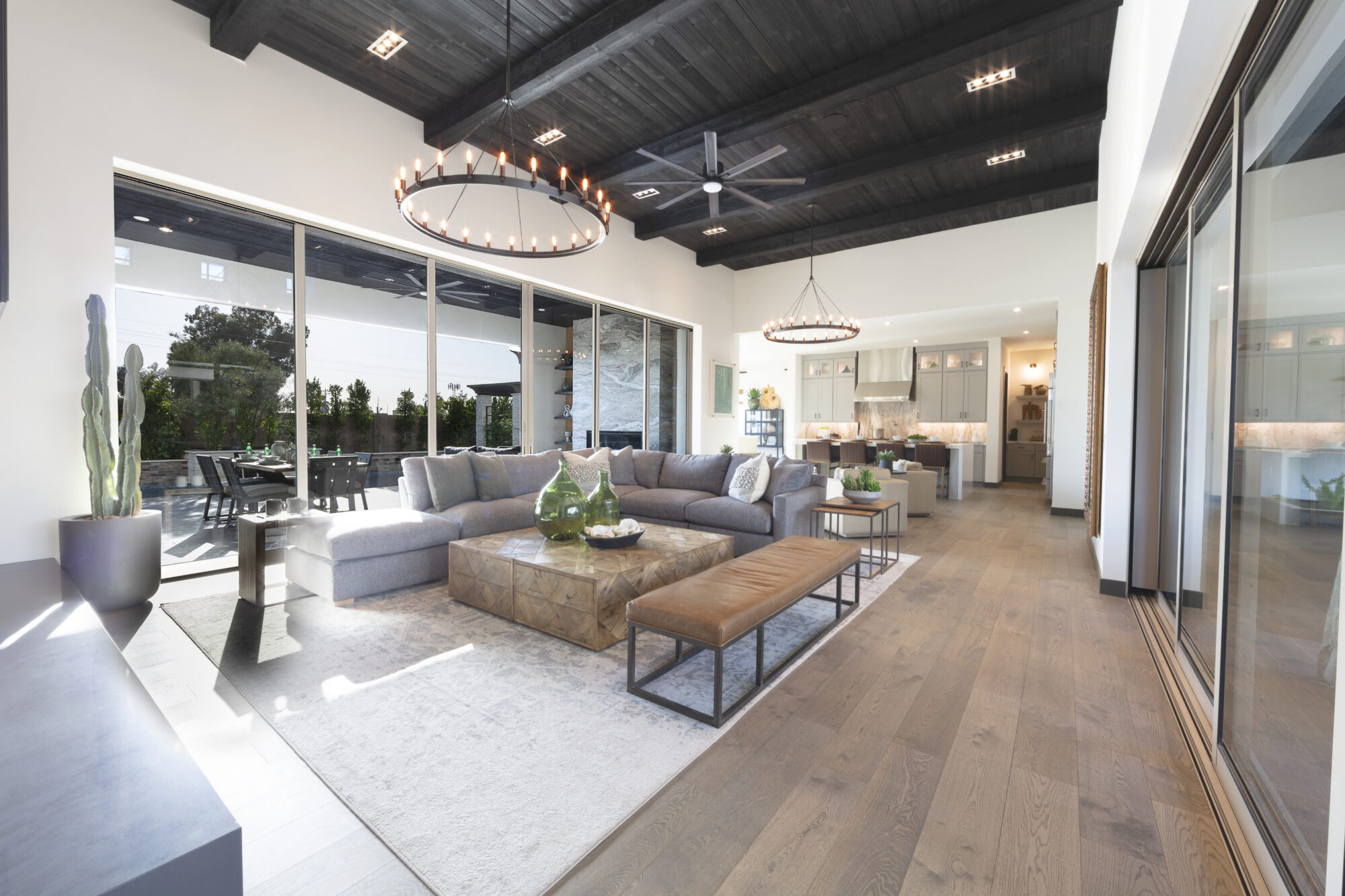 Modern home with large windows.