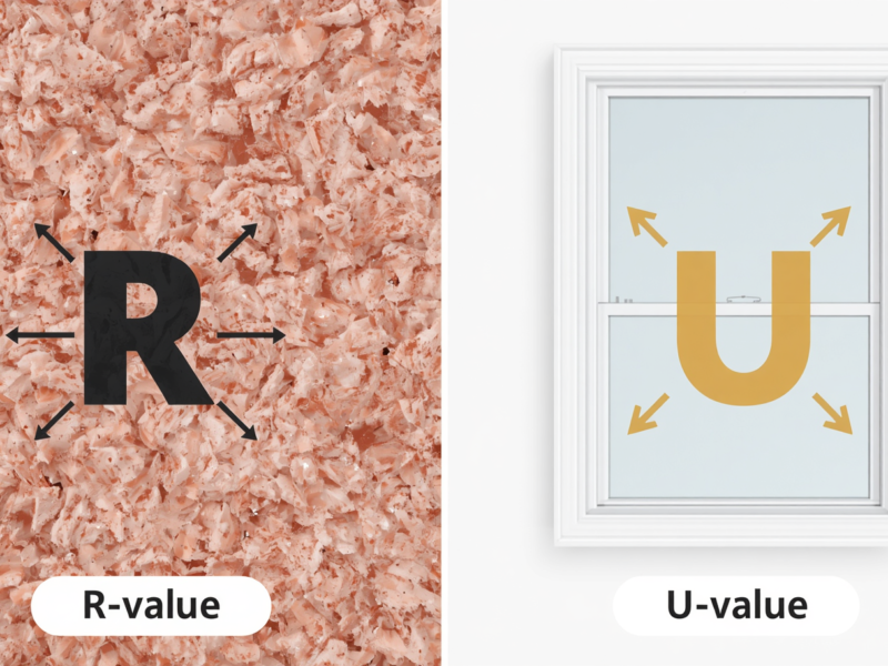 Illustration showing heat transfer through a window, comparing high R-value insulation with low U-factor energy-efficient glass