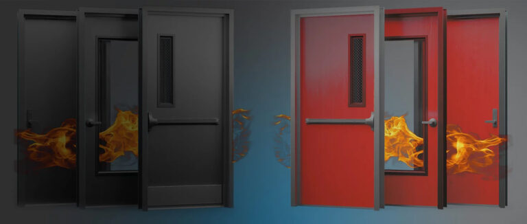 Fire-rated door featuring a classic raised-panel design and certified fire-resistant construction for enhanced building safety.