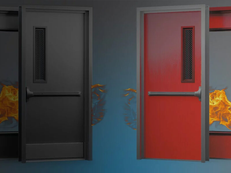 Fire-rated door featuring a classic raised-panel design and certified fire-resistant construction for enhanced building safety.
