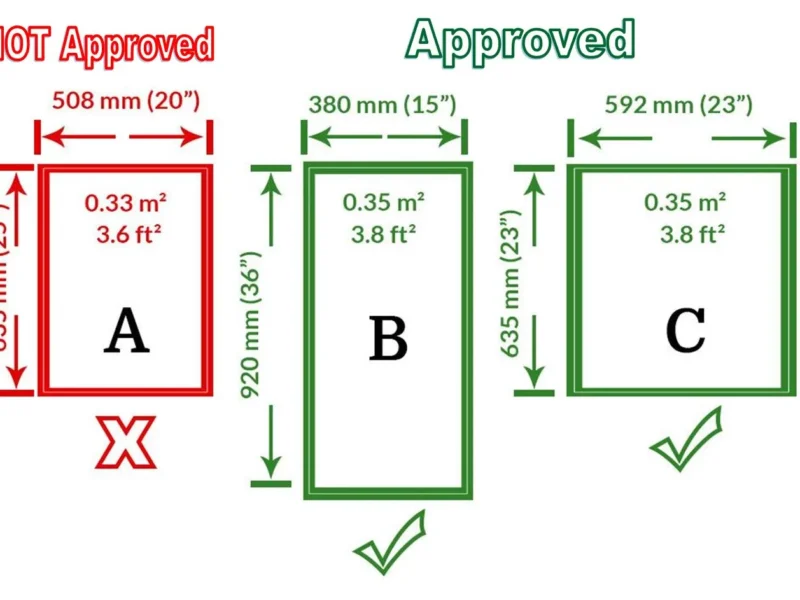 Diagram comparing bedroom egress window opening sizes under the BC Building Code. Window A is not approved at 508 × 635 mm (0.33 m²); windows B at 380 × 920 mm and C at 592 × 635 mm meet the illustrated minimum opening area of 0.35 m² and minimum dimension of 380 mm.